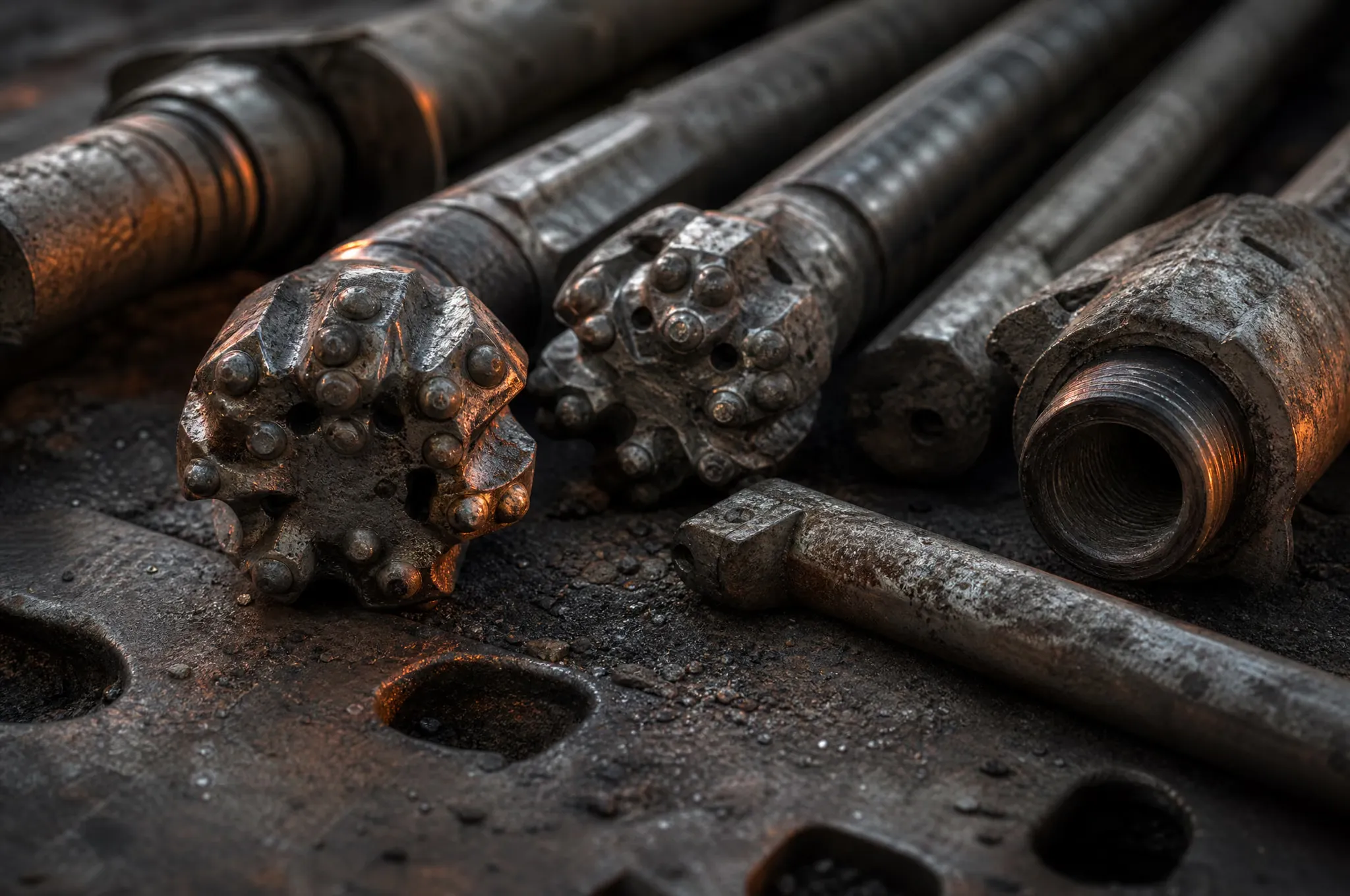 Worn tungsten-carbide drill bits and drill steel resting on a steel deck plate