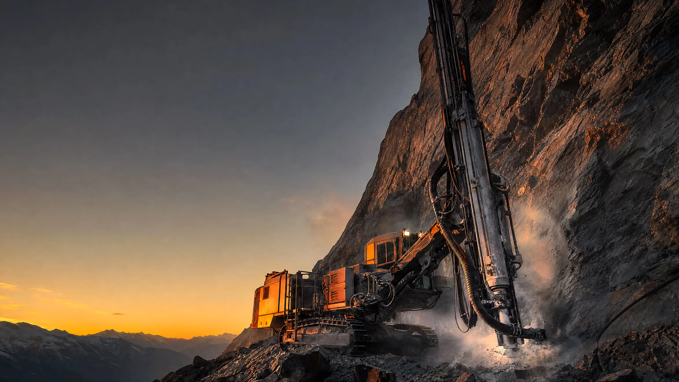 Heavy tracked drill rig on a mountain slope at dusk with Western Canadian peaks behind