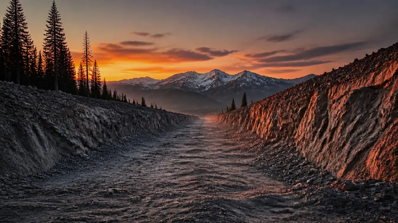 Blasted pipeline right-of-way trench running toward snow-capped mountains at dusk