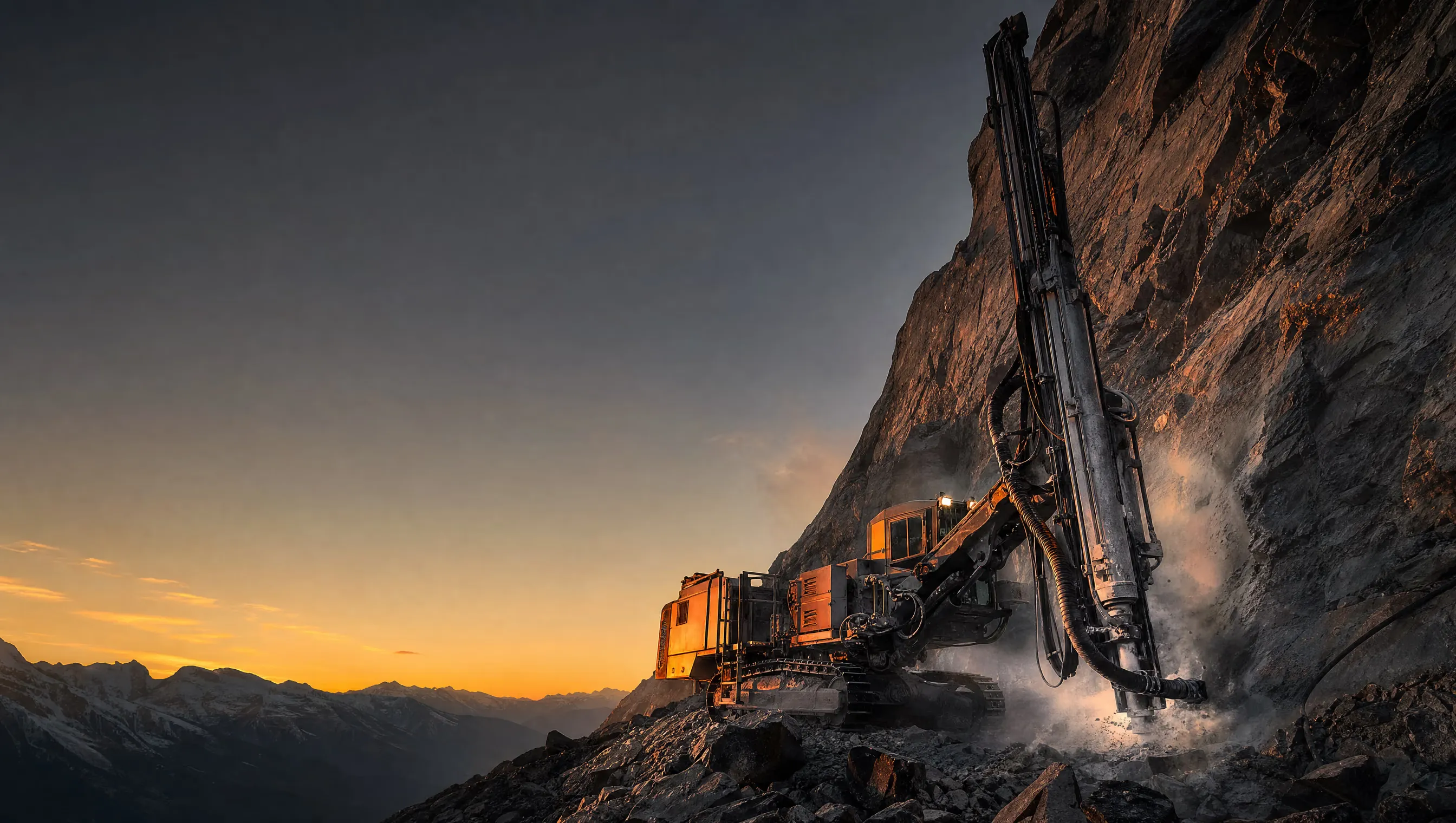 Tracked blast-hole drill rig working a steep granite rock face at dusk in the mountains of Western Canada