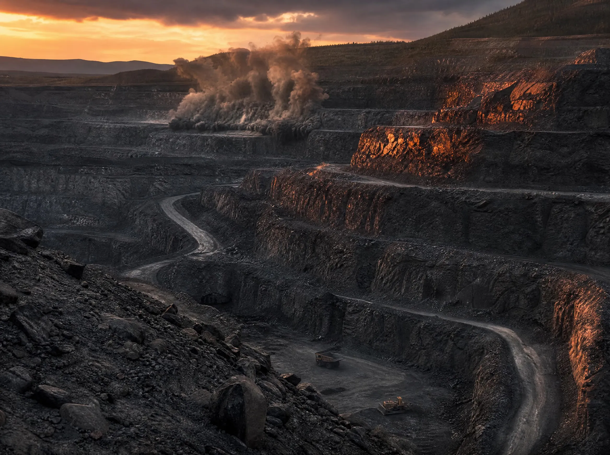Open-pit mine benches with a controlled blast dust plume rising at dusk