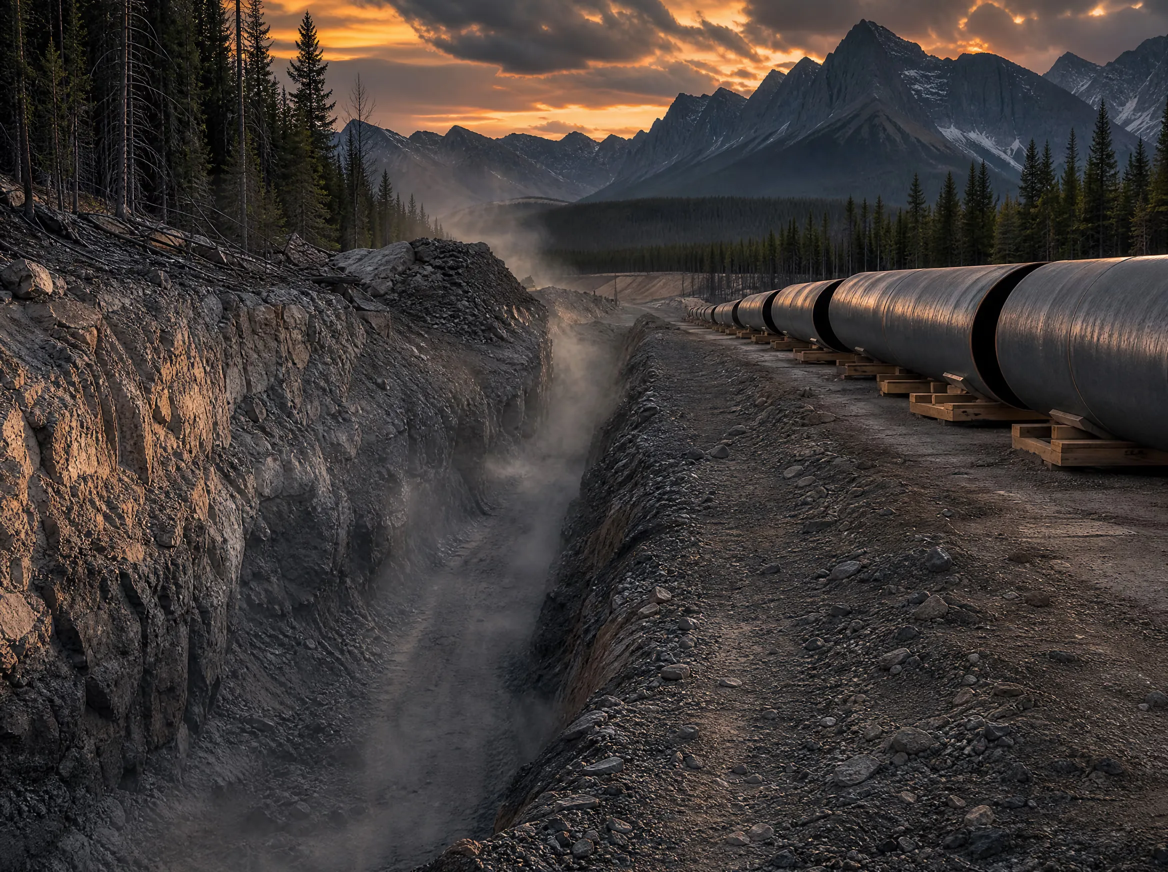 Blasted pipeline trench through rock with pipe sections staged along the right-of-way