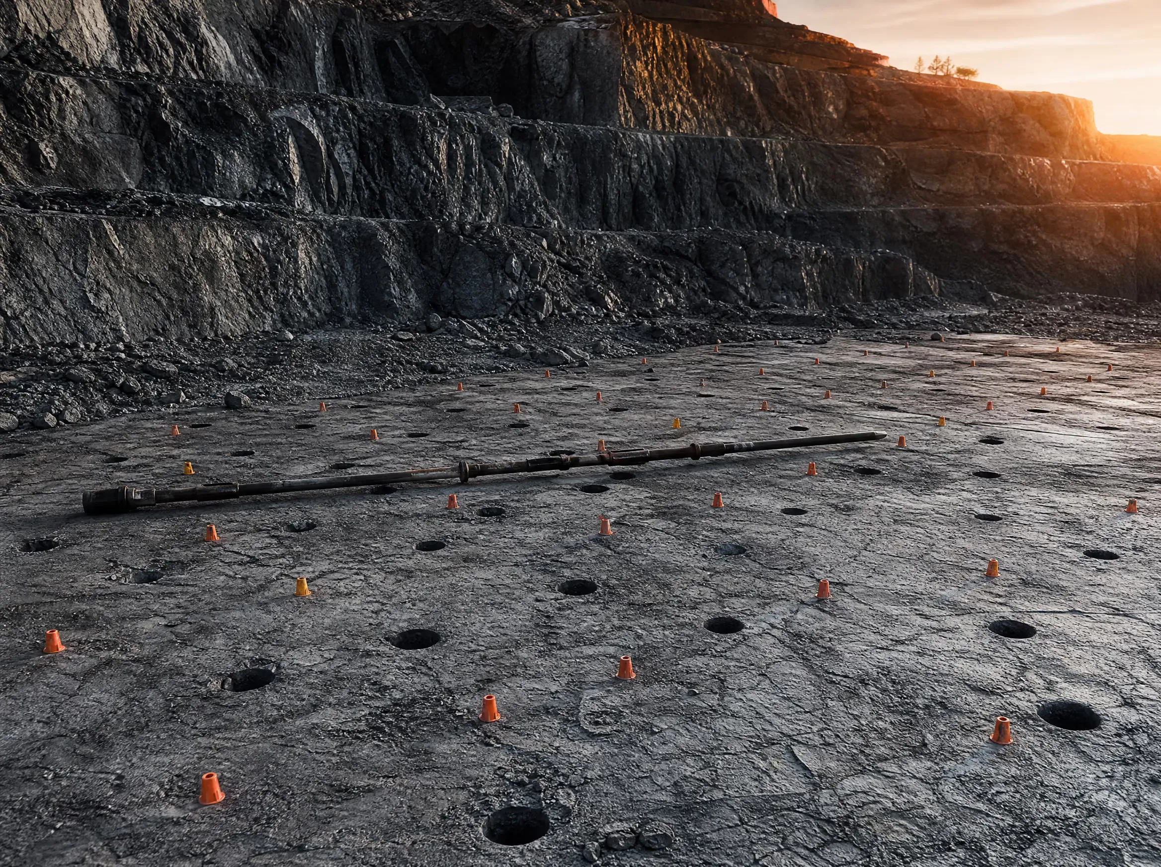 Drilled blast-hole pattern marked with cones on a quarry bench floor