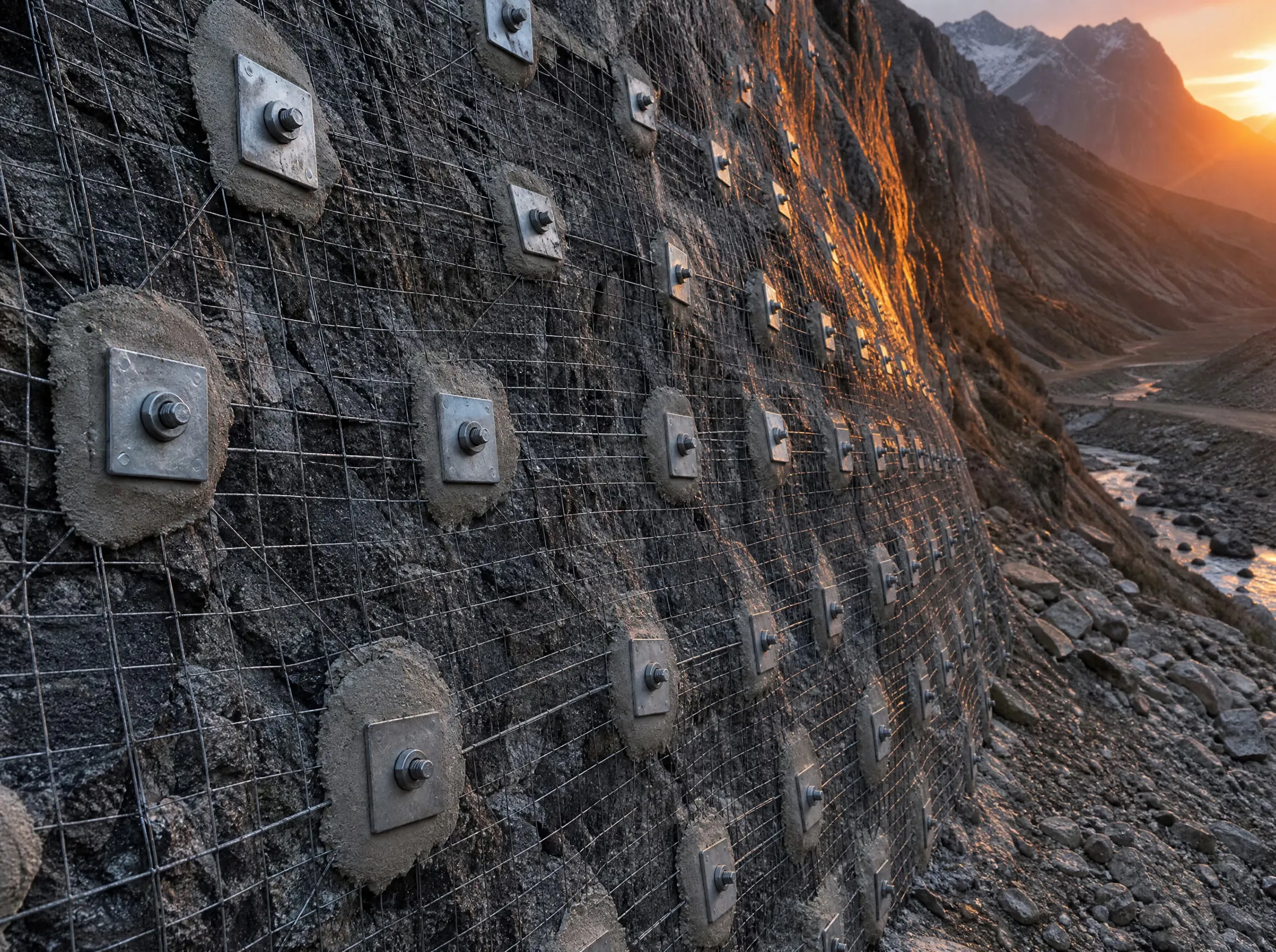 Rock-bolt anchor plates and steel mesh reinforcing a granite slope